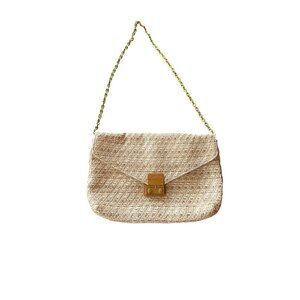J.Crew Beige Straw Woven Crossbody Bag With Gold Chain Strap & Turn Lock Closure